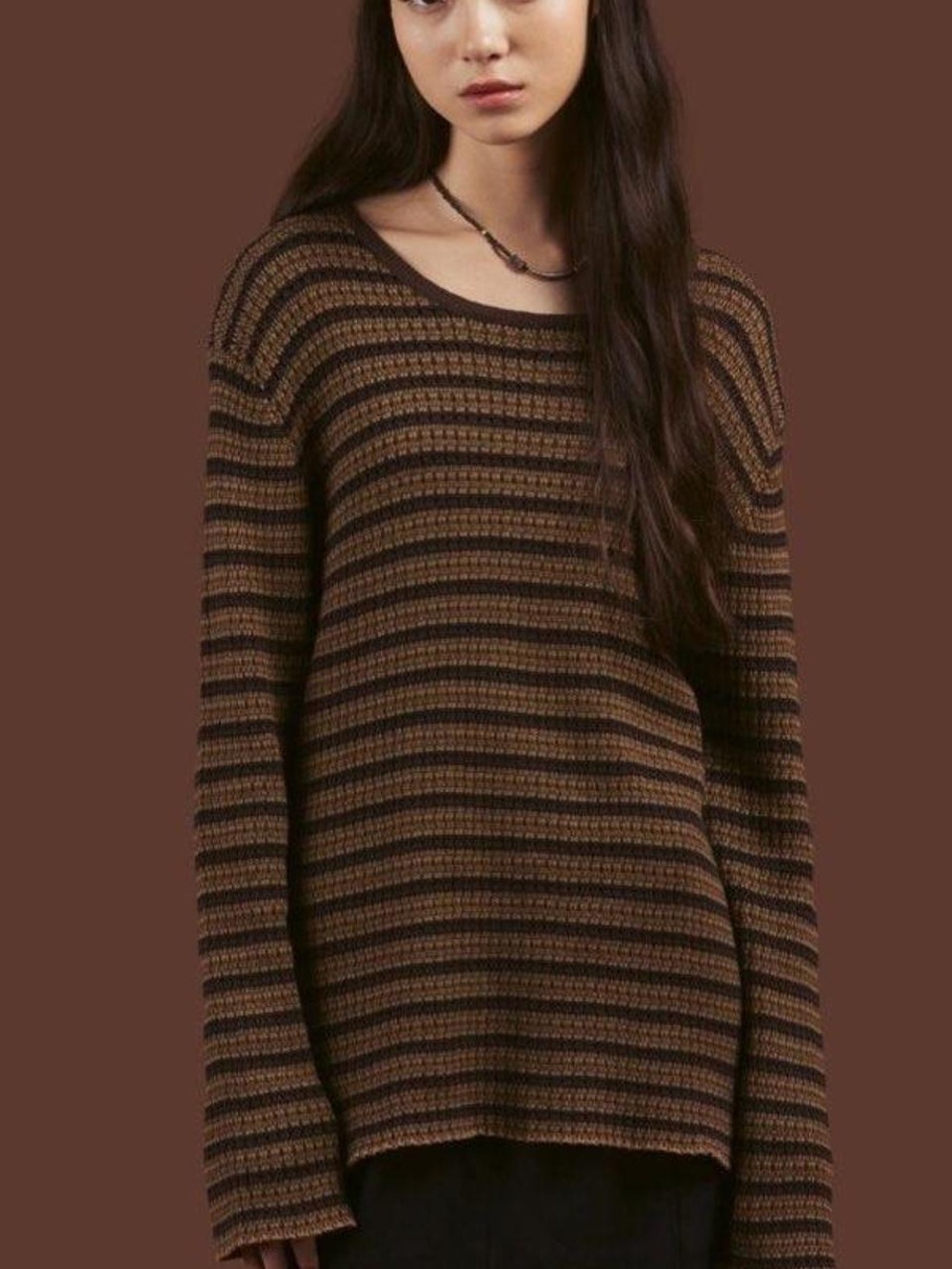 UNIF Brown and Tan Striped Crewneck Sweater
